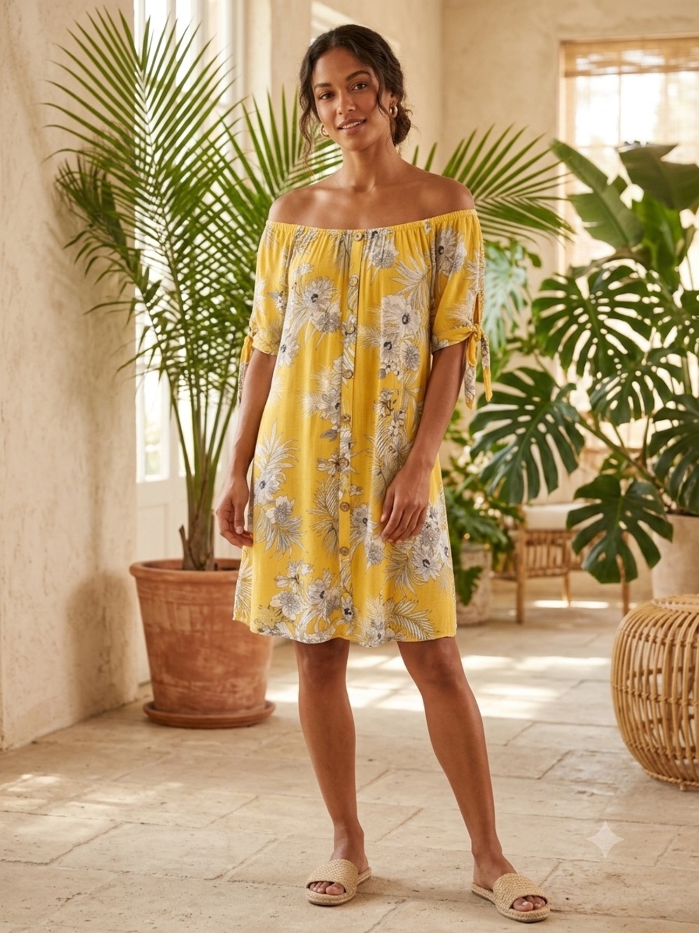 Mlle Gabrielle‎ Yellow Floral Off-Shoulder Midi Dress